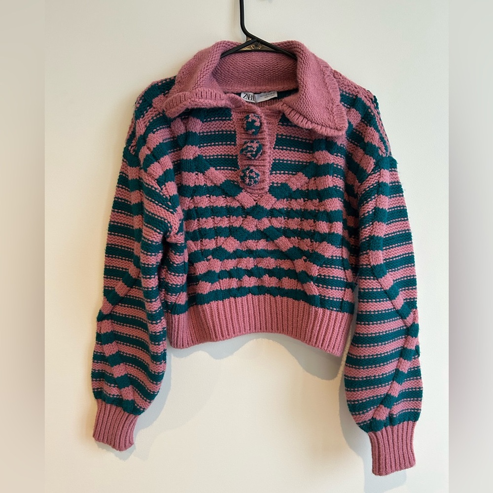 ZARA Ruffled Striped Cable Knit Sweater Pink Green Size S - Picture 7 of 11